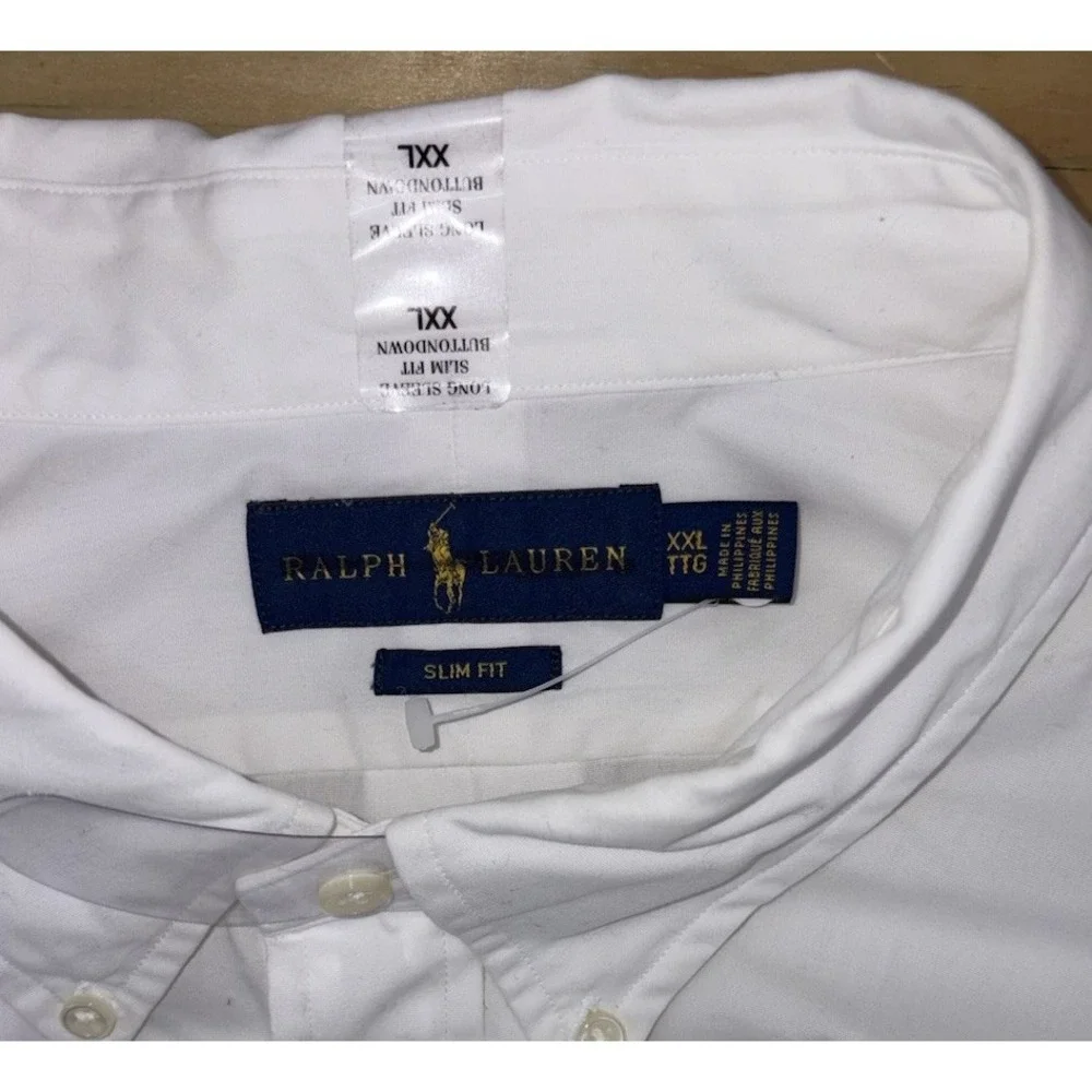 New Polo Ralph Lauren Men's XXL 2XL Slim Fit Solid White Button Down Blue Pony